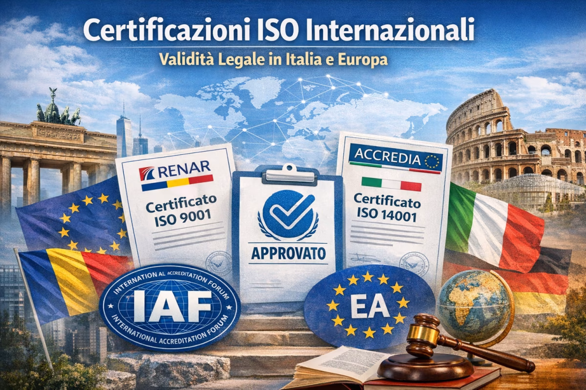 Certificazioni ISO internazionali valide in Italia e Europa con enti IAF ed EA come Accredia e RENAR, rappresentazione visiva del riconoscimento legale